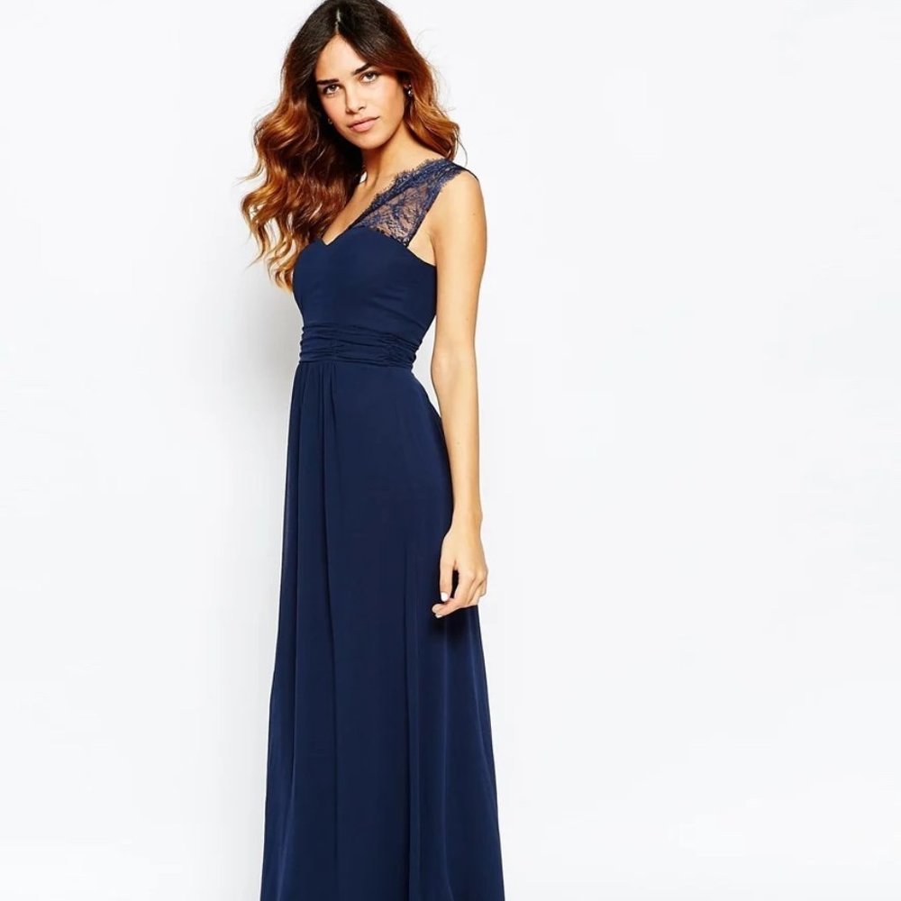 Elise Ryan Lace One Shoulder Maxi Dress Blue